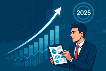 Poster - Business forecast for 2025. Businessman analyzing financial report with charts. Concept of company growth strategy, investment success, stock market trend and economic planning.