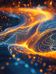 Fototapete - Abstract, flowing stream of glowing orange and blue light, resembling data or energy moving in a network.