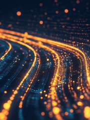 Poster - Abstract Digital Data Stream glowing orange lines futuristic technology background binary code modern network design elegant dark blue backdrop high tech.