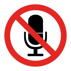 Poster - No audio recording allowed sign. Red circle with microphone icon crossed out. Simple prohibition symbol for public spaces, presentations, or meetings.
