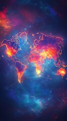 Aufkleber - Abstract World Map Glowing Red And Purple On A Nebula Style Background, Connection Lines