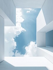 Poster - Abstract white architecture design with blue sky and clouds.