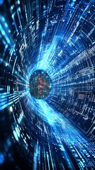 Aufkleber - Digital Tunnel with Blue Light Streaks and Network Connections Background