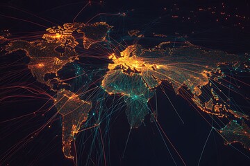 Poster - Digital World Map of Orange Dots with Glowing Network Lines on Transparent Background