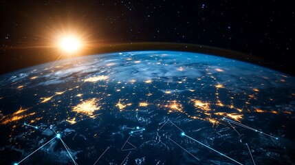 Aufkleber - Glowing Earth From Space with City Lights and Digital Network Connections View