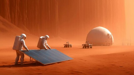 Wall Mural - two explorers installing solar panel on surface of planet mars near habitat dome. rovers positioned 