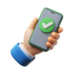 Poster - 3d cartoon hand holding smartphone check mark isolated on transparent background