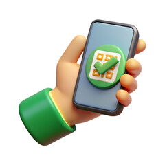 Poster - 3d cartoon hand holding smartphone checklist app isolated on transparent background
