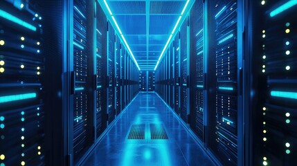 Poster - Futuristic 3D rendering of a glowing blue server room corridor with modern data center racks, ideal for illustrating cloud computing, cybersecurity infrastructure, or high-tech IT environments