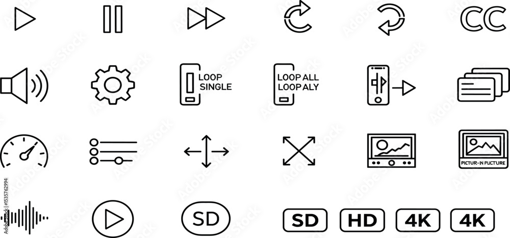 Video Player UI Vector Icon Set Adjustable Line Weight Play, pause ...