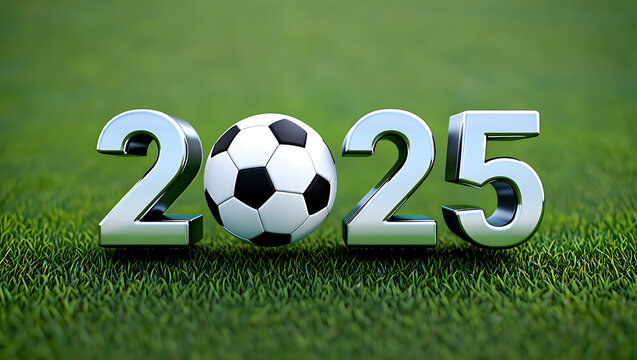 Metallic 2025 numbers with soccer ball on grass