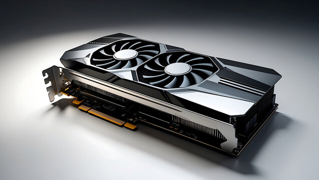 Powerful modern graphics card detailed close up view on a bright white surface