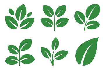 Poster - Collection of Six Green Leaf and Plant Icons Isolated on a White Background Representing Nature Growth and Environmental Sustainability Concepts