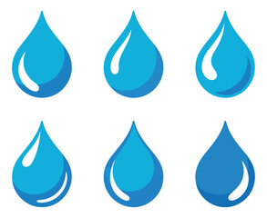Poster - Collection of Six Blue Water Drop Icons with Different Styles and Reflections on a White Background for Use in Graphic Design Projects