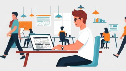 A male designer works on a user interface on his laptop in a busy office, corporate Memphis and flat design.