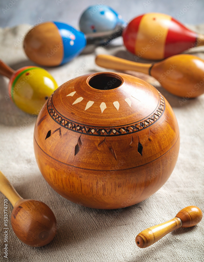 Puerto Rican guiro instrument carved from a gourd displayed on a cloth ...