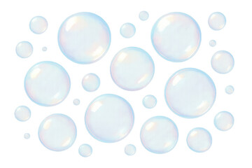 Poster - Realistic soap bubbles floating weightlessly, varying in size against transparent surface, evoking whimsical, ethereal mood