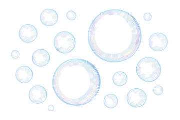 Poster - Assortment of iridescent soap bubbles floating on a transparent background, creating a clean and pure aesthetic