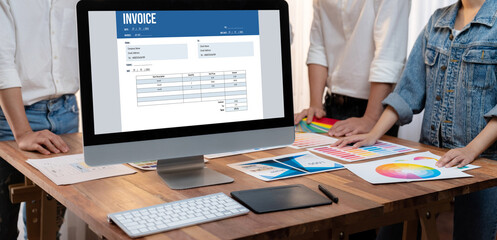 Poster - Invoice on computer screen from accounting application. Computer program for financial and budget of corporate business. brisk.