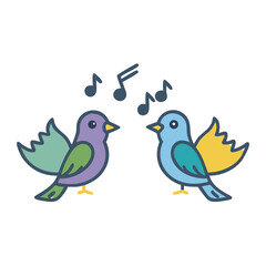 Poster - Two colorful cartoon birds singing musical notes, illustration with blue outlines colorful vector icon