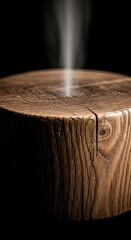 Poster - Brown wood texture, round shape, top view, showing wood grain, steam rising from center, creating a minimalist, natural, and clean showcase ideal for product display