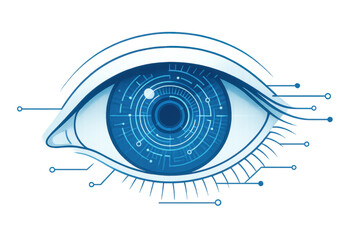 Poster - Metallic ai eye scanning, intricate neural circuit network visualizing digital intelligence, cybernetic biometric scanning technology on transparent surface