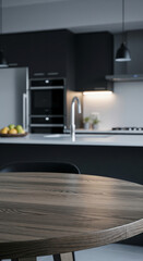 Poster - Close-up of dark brown wood table surface, showcasing smooth grain texture against blurred modern kitchen background, ideal for product placement or advertisement