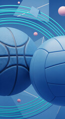 Aufkleber - Close-up of blue basketball and volleyball, textured surfaces, against a blue background with teal lines and pink spheres.  Showcase of sports equipment, dynamic composition.