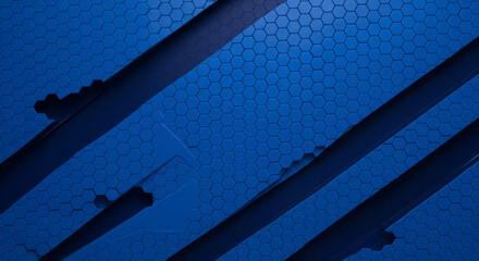 Poster - Abstract blue hexagon pattern background with diagonal lines and cutouts, showcasing a modern and technological design ideal for a banner or wallpaper