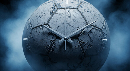 Aufkleber - Gray textured soccer ball clock, smoky blue background, representing time, sport, and memory