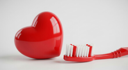Poster - Red heart beside red toothbrush on white background, symbolizing dental health and Valentine's Day care