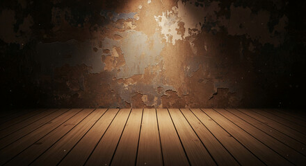 Poster - Wooden floor and textured wall background illuminated by spotlight, showcasing a blank space ideal for product display or advertisement mockup