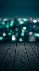 Aufkleber - Dark wooden planks showcase, blurred teal city lights background, creating a moody, atmospheric scene perfect for product display or design mockup