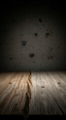 Poster - Dark wooden surface with visible grain and cracks, set against a textured gray background, showcasing a rustic, minimalist product display