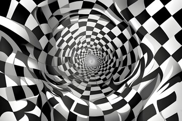 Poster - Optical illusion white checker 3d. Chess background time hole vector. Spiral line pattern deep trippy tunnel warp distort vortex, check psychedelic board.