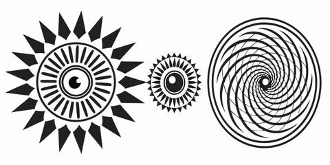 Poster - Black and white abstract design elements featuring sunbursts and a spiral pattern on a transparent background for various creative projects.