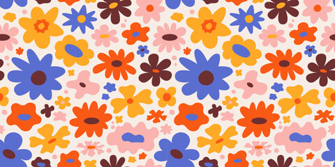 Poster - Vector seamless pattern in simple floral wavy and groovy naive style, flowers and plants, floral botanic hand drawn design templates, modern art prints, surface design