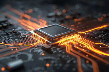 cpu neon flow: a futuristic representation of advanced technology with orange data flowing across a 