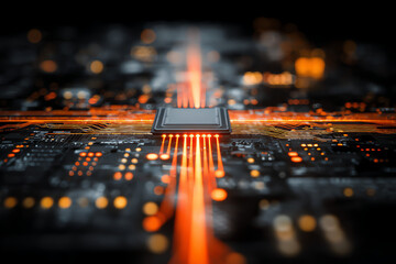 cpu neon flow: a futuristic representation of advanced technology with orange data flowing across a 