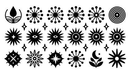 Poster - A collection of bohemian inspired black and white decorative design elements including stars flowers and other geometric shapes