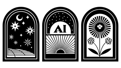 Poster - Abstract black and white illustrations featuring starry skies, sunrise symbolism, and floral designs in archway frames