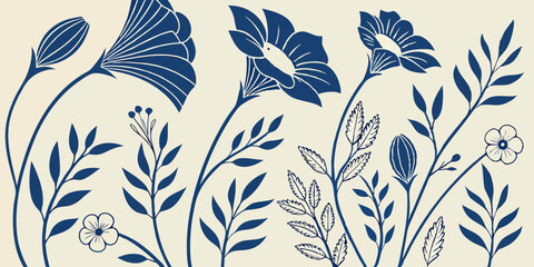 Poster - Elegant botanical illustration of detailed flowers and leaves with a stylish line art design suitable for design and decoration