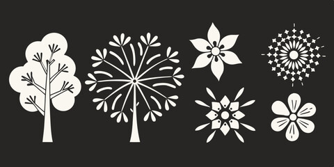 Aufkleber - Elegant collection of black and white floral and botanical silhouettes, suitable for various design applications and backgrounds.
