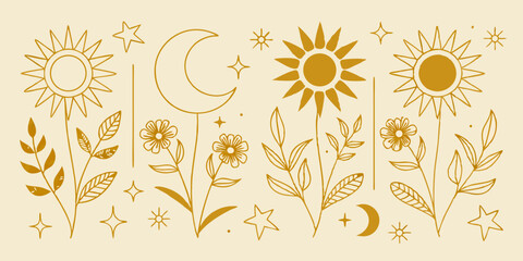 Poster - Elegant celestial floral elements with sun moon stars and flowers in golden color suitable for various design projects