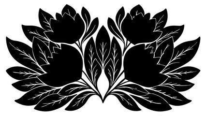 Poster - Elegant symmetrical black floral design featuring intricate leaves and blooms perfect for decorative purposes