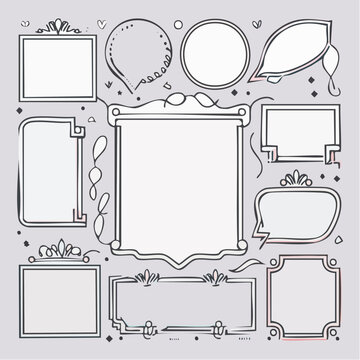 Collection of hand-drawn doodle frames and speech bubbles arranged on a grey background.