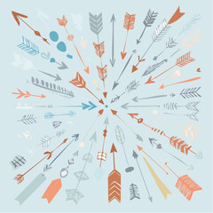 Poster - A vibrant illustration of numerous arrows pointing towards a central focal point on a light blue background