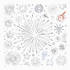 Poster - Hand-drawn cosmic doodle illustration with stars, suns, and explosion elements on white