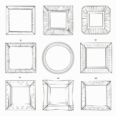 Poster - Nine different hand-drawn square and circular frame illustrations in a simple black and white style