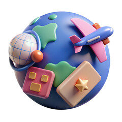Poster - 3d cartoon globe with airplane and travel icons isolated on transparent background
